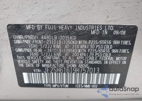 2009 Subaru Forester 2.5X from USA, damaged, VIN JF2SH61619H757013